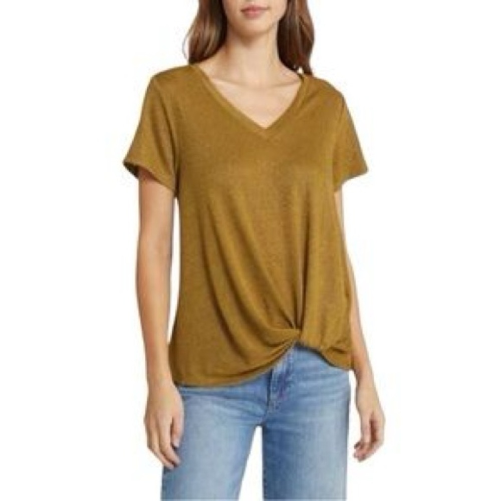 Caslon Mustard Twist Front V-Neck Tee